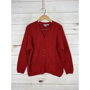 Russ Sport Sweater Cardigan Womens Large Red Cable Knit Fisherman Pockets